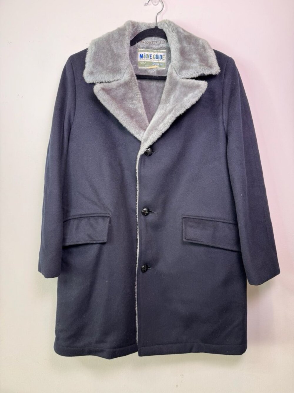 VTG Maine Guide Over Coat Jacket Mens L Black Sherpa Lined USA Large